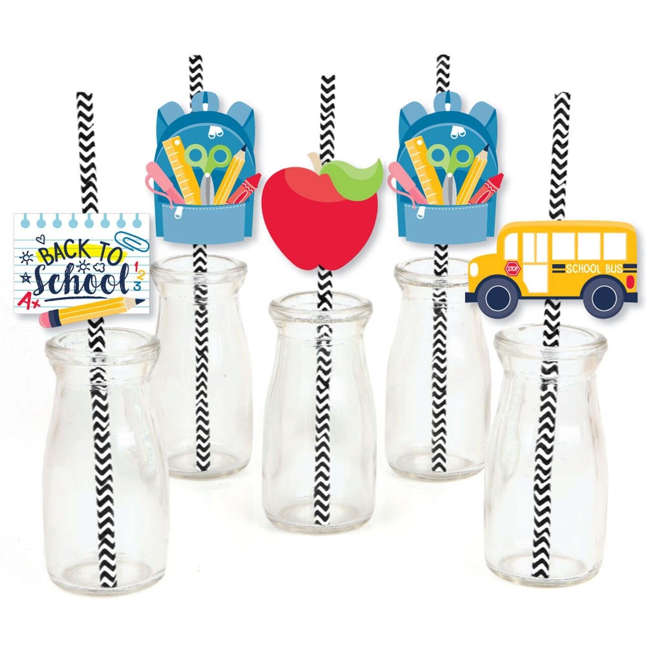 Big Dot of Happiness Back to School - Paper Straw Decor - First Day of School Classroom Striped Decorative Straws - Set of 24